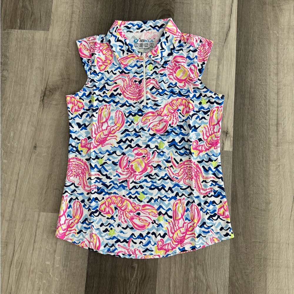 IBKUL Sleeveless Lobster-Print Polo in Pink, Blue & Yellow